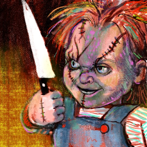 pastel drawing of Chucky, the murderous doll